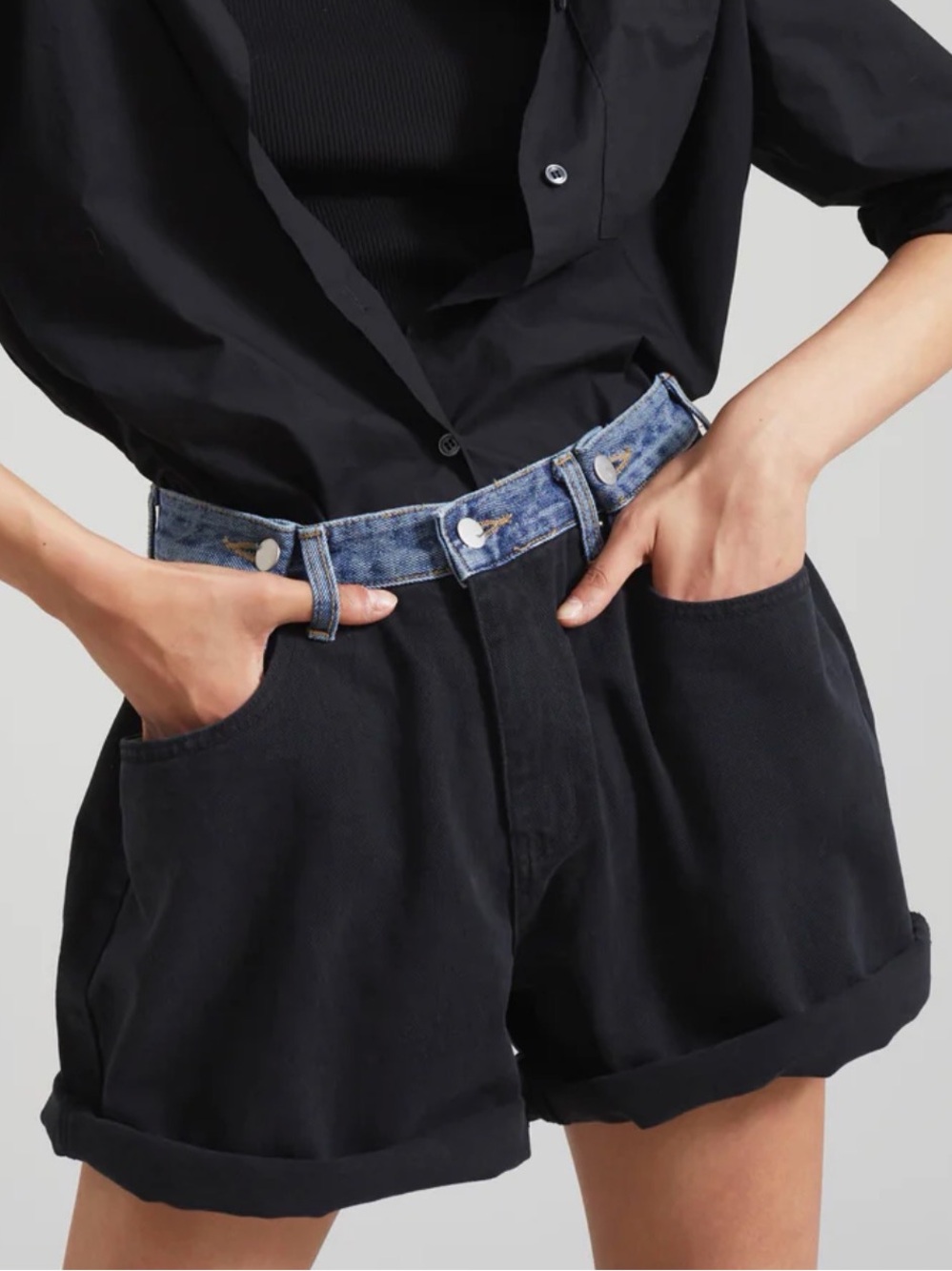 The Frankie Shop Black Shorts with Blue Denim Trim